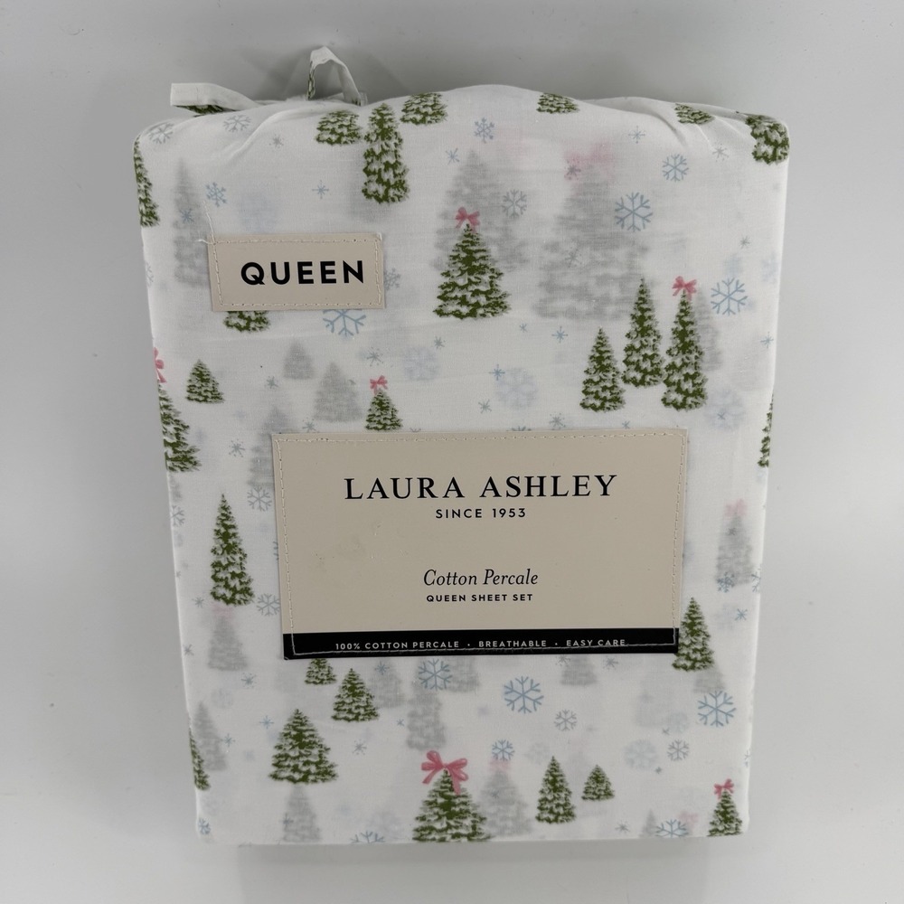 Laura Ashley Queen Percale Sheet Set 100% Cotton Winter Wonderland Green Trees